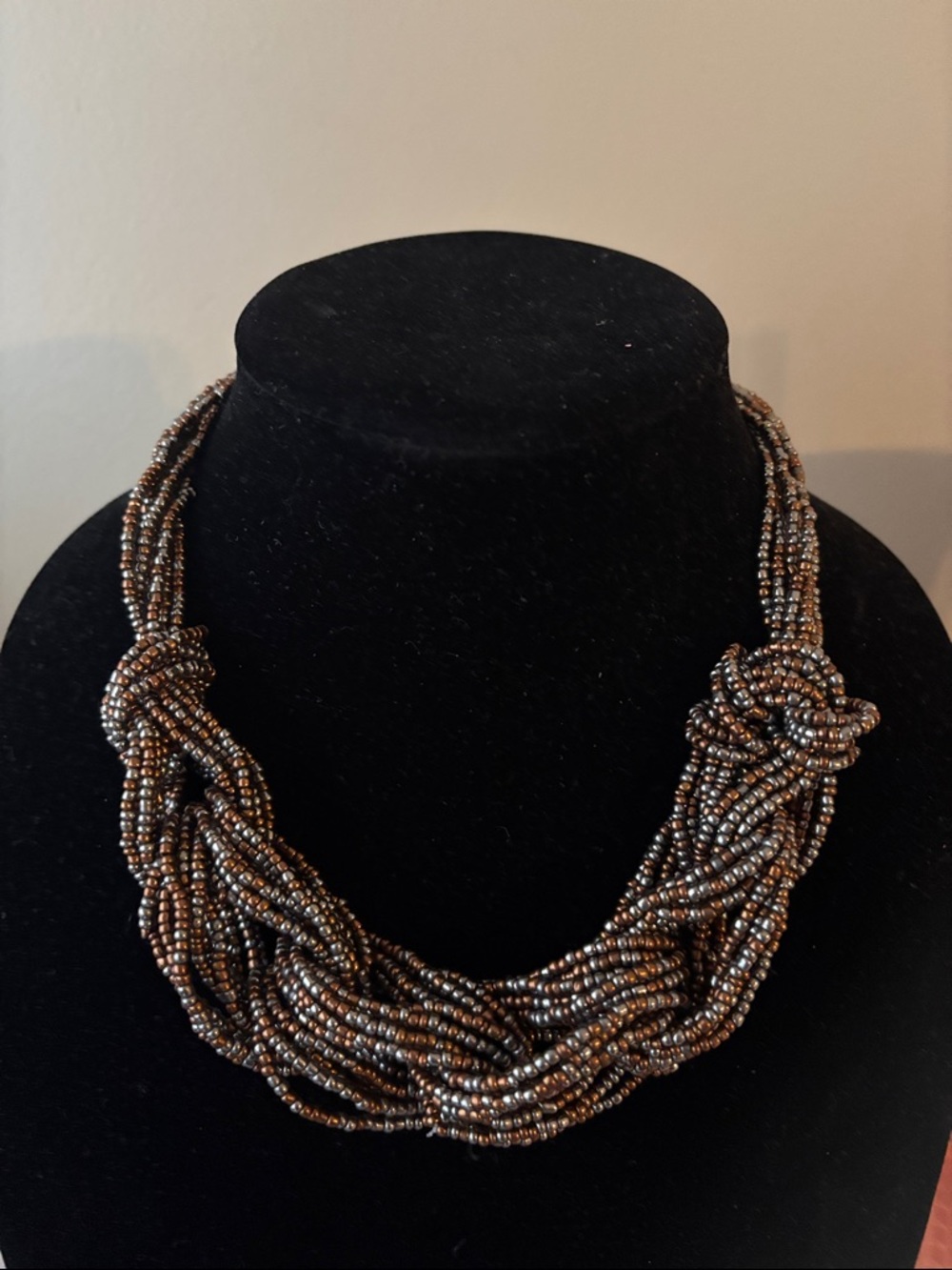 Hand-Knotted Metallic Brown Multi-Strand Seed Bead Necklace